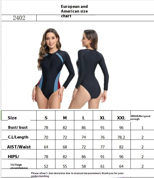 Long sleeve one-piece racing training swimsuit in blue-red colour combination