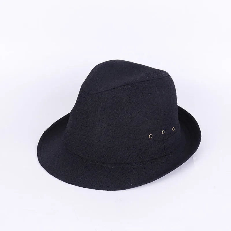 Classic brown fedora hat for men with a reinforced brim, shown on a wooden stand.