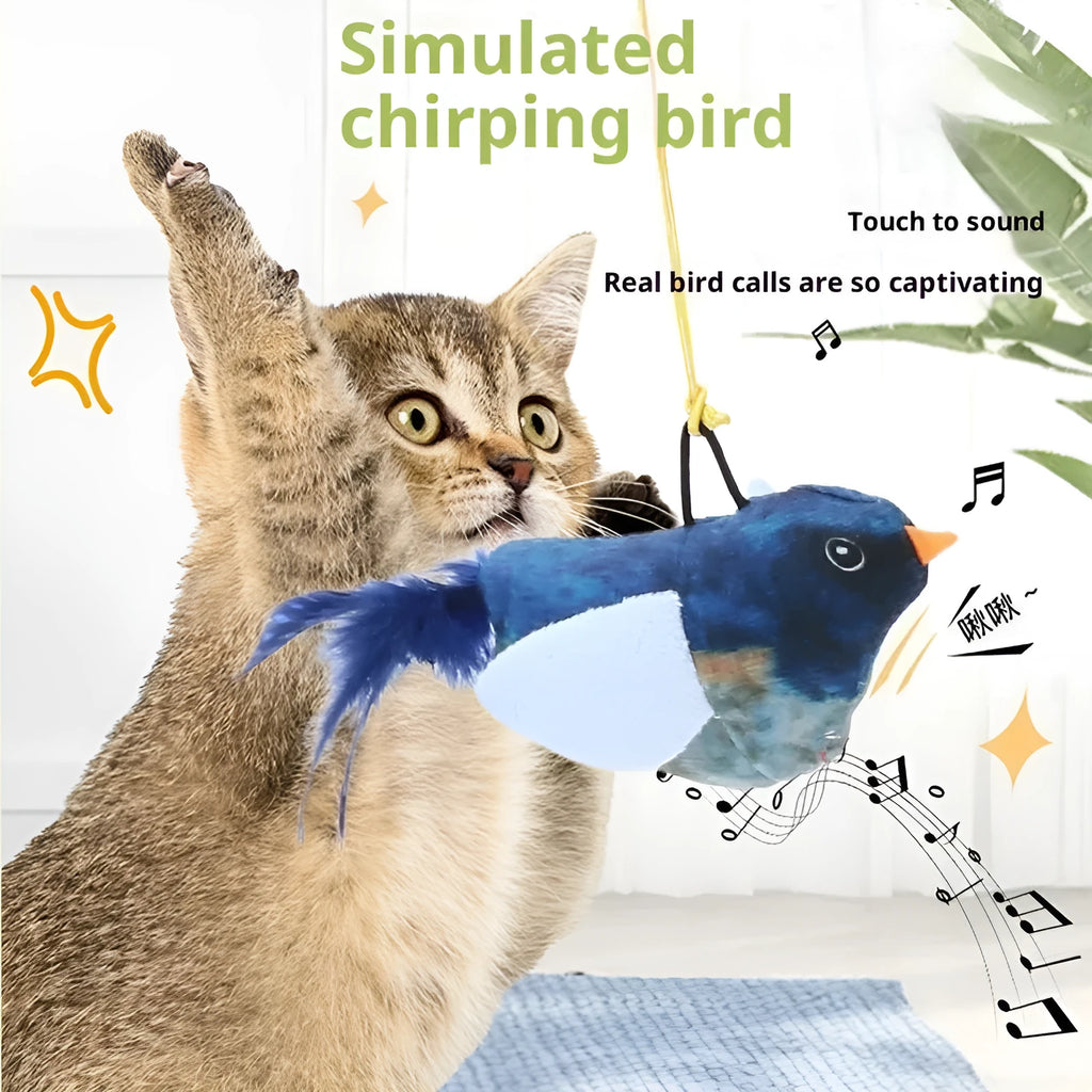 Plush vocal simulation squeaky bird cat toy in green and pink hanging bird designs