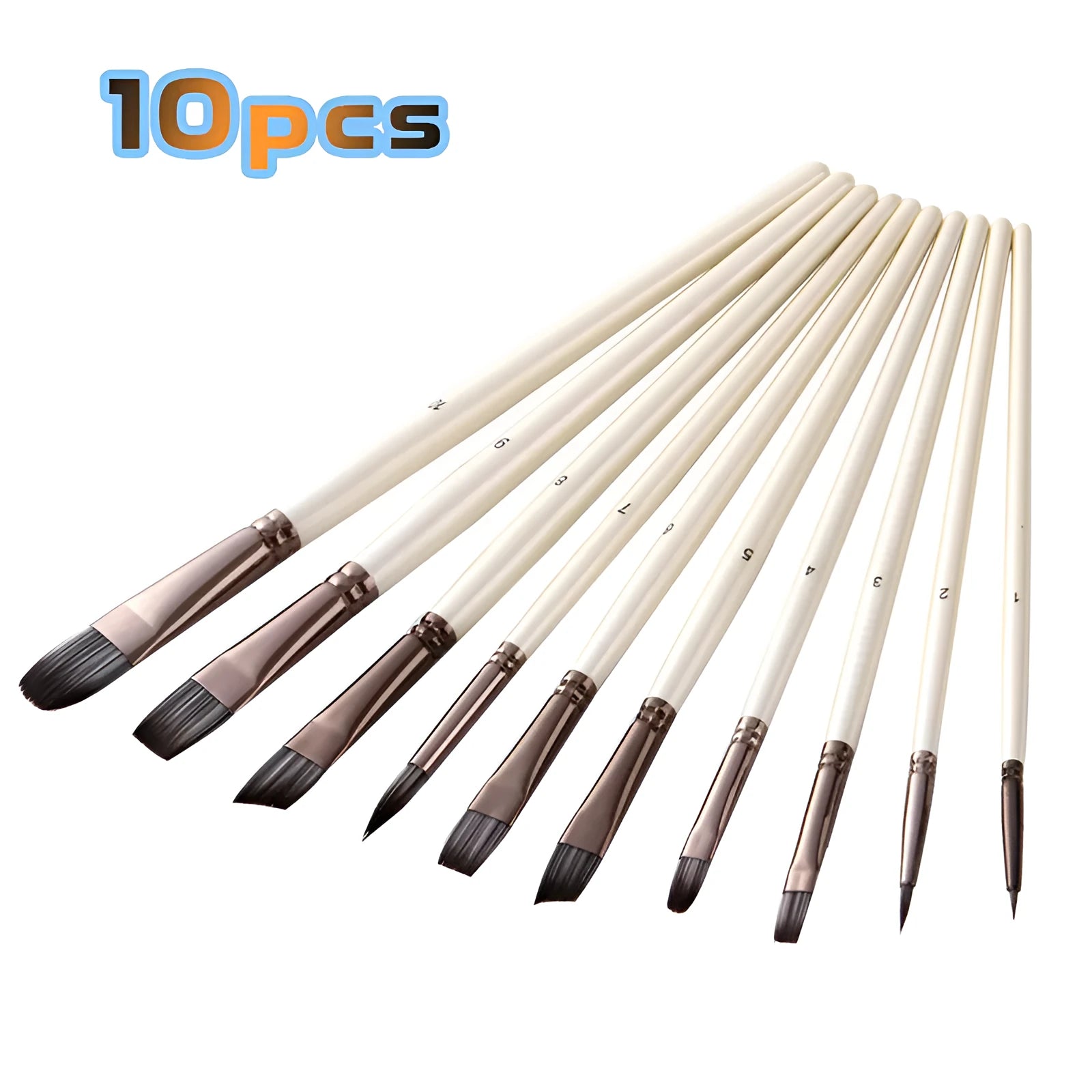 Set of 10 pearl white nylon watercolour brushes with wood handles for oil painting in PVC storage bag