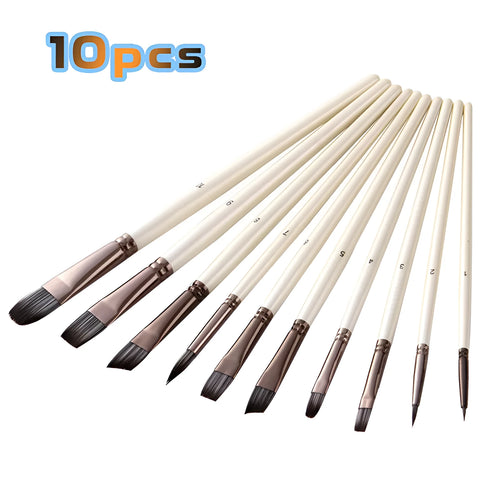Set of 10 pearl white nylon watercolour brushes with wood handles for oil painting in PVC storage bag