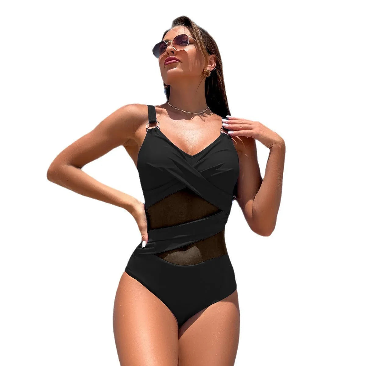Women's solid colour one-piece swimsuit in quick-dry nylon and spandex fabric