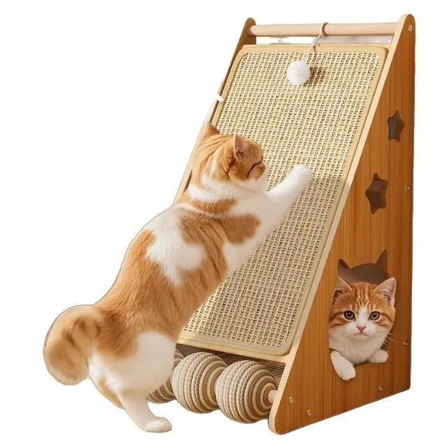 Vertical wall-mounted cat scratch board with sisal surface, teasing ball, and hemp rope.
