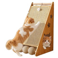 Vertical wall-mounted cat scratch board with sisal surface, teasing ball, and hemp rope.