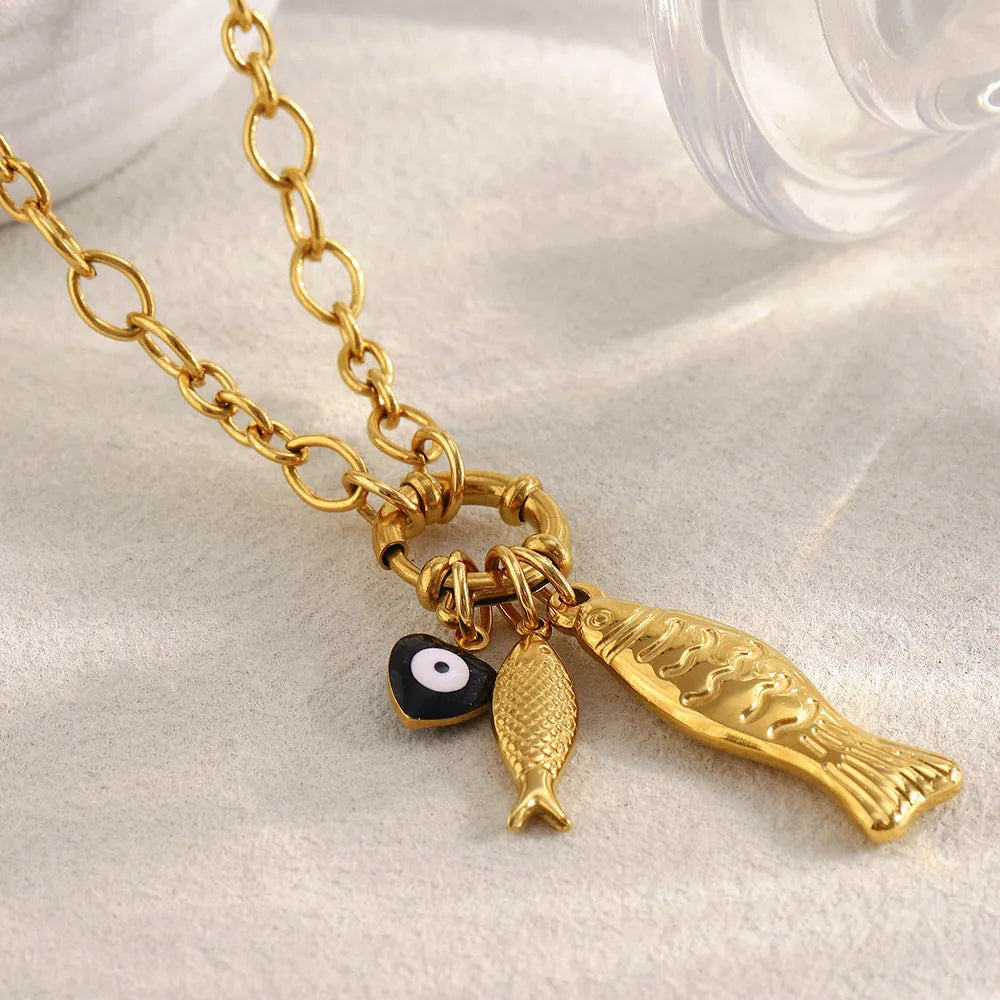 Stainless steel 18K gold plated little fish spring fastener pendant necklace on O-shaped chain, gold colour, women's adjustable 41-50cm