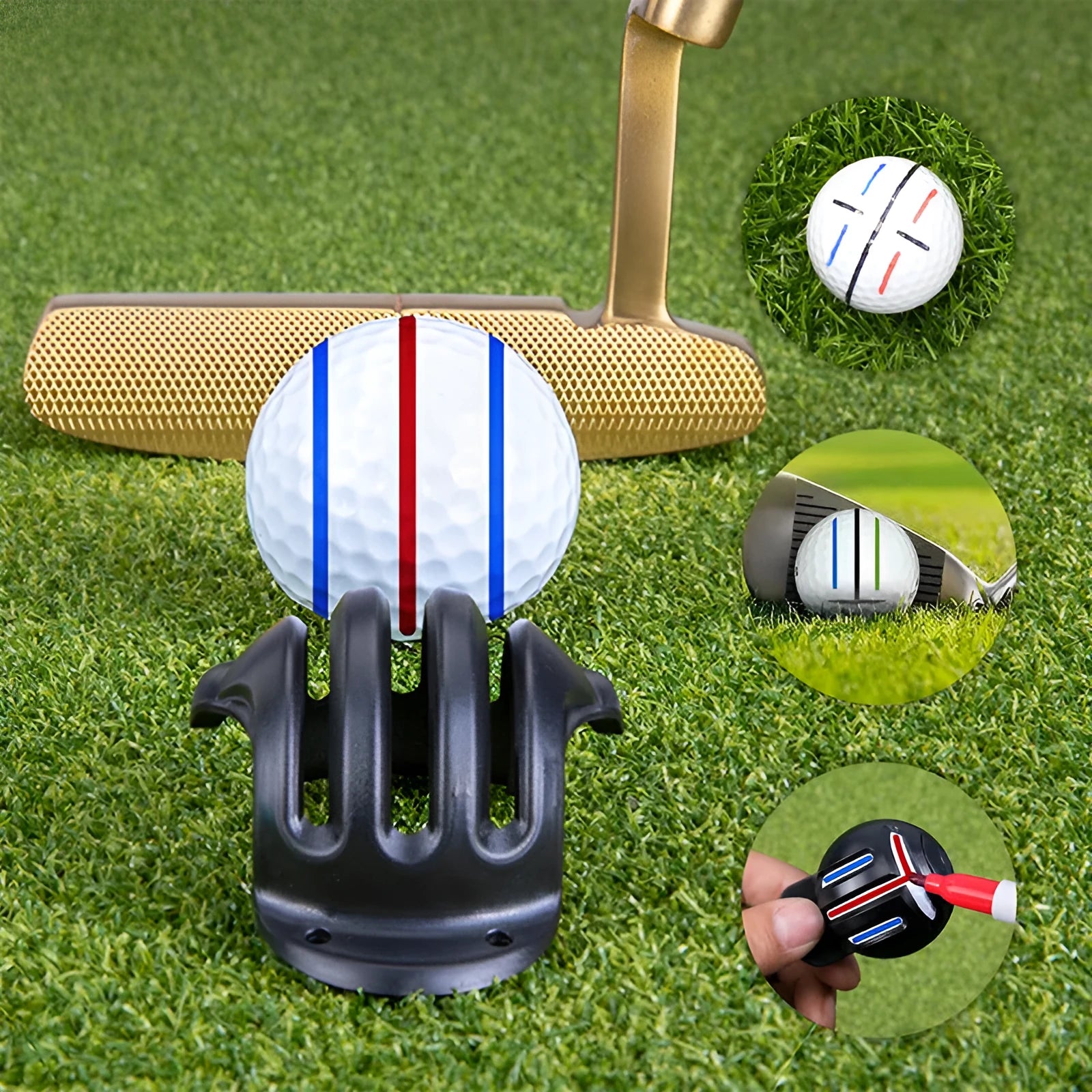 White golf ball alignment tool with four black adjustable scriber arms and a blue drawing pen on a green.