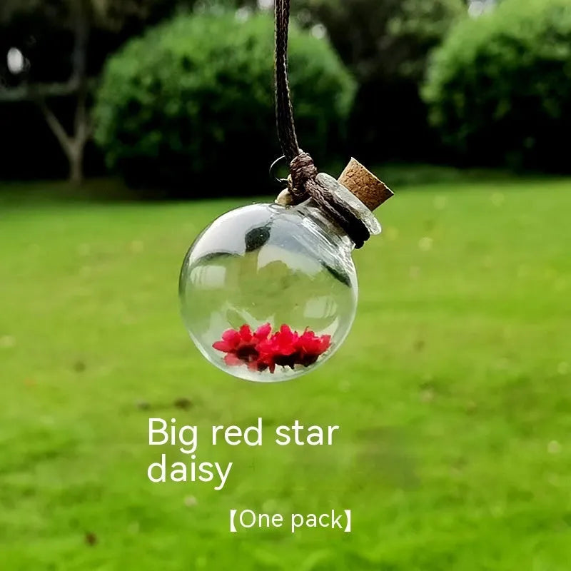 Glass car perfume pendant with preserved flowers inside, shown in a selection of different floral colours.