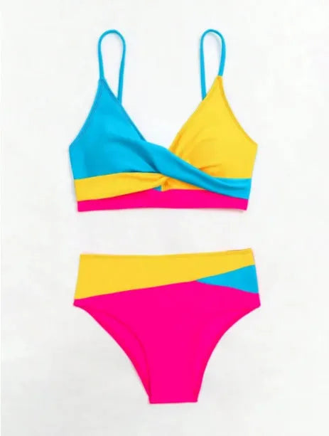 Colour contrast two-piece bikini set with top and briefs, available in yellow, blue, and red, sizes S to XL, polyester lining.