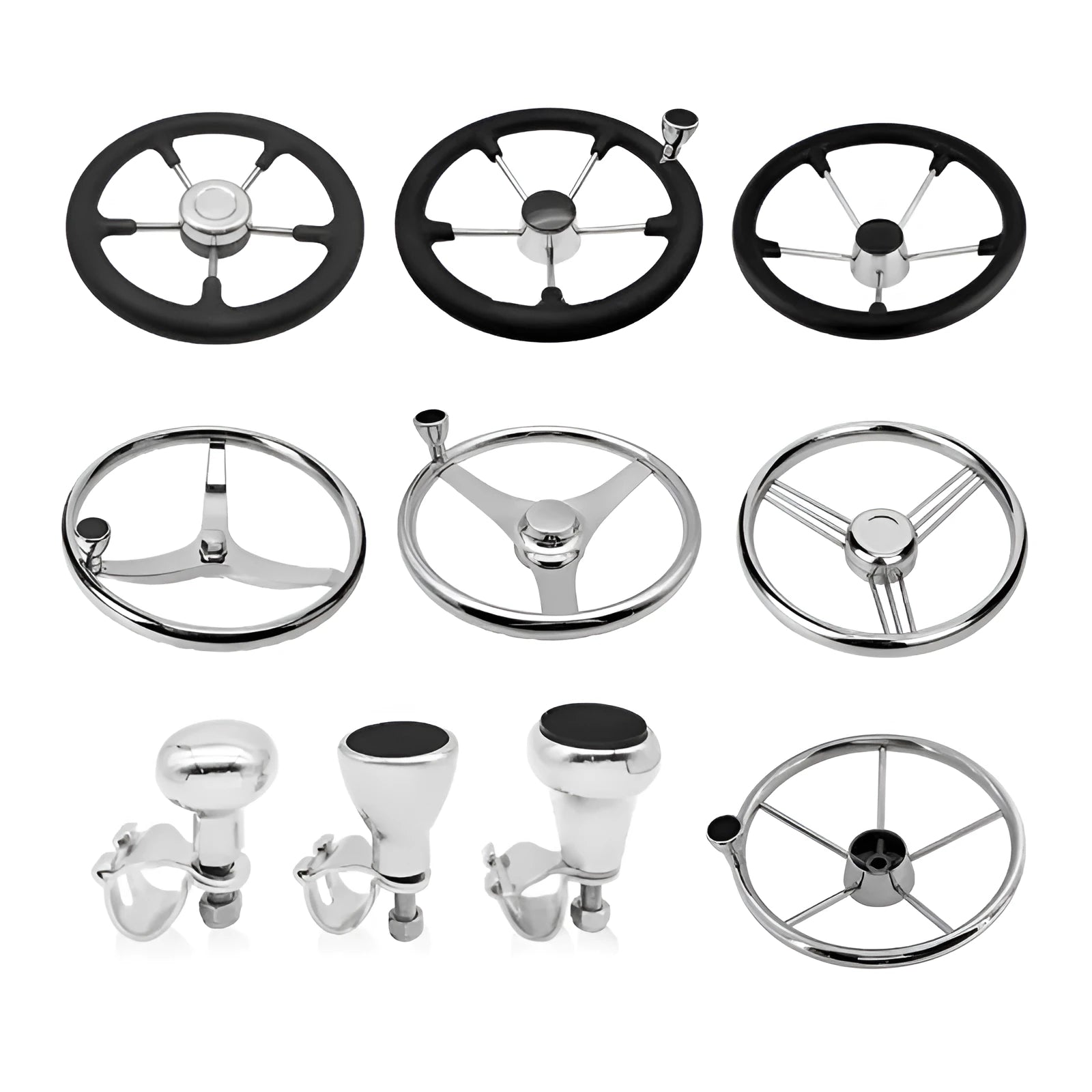 355mm 304 stainless steel marine steering wheel with black spoke design on white background