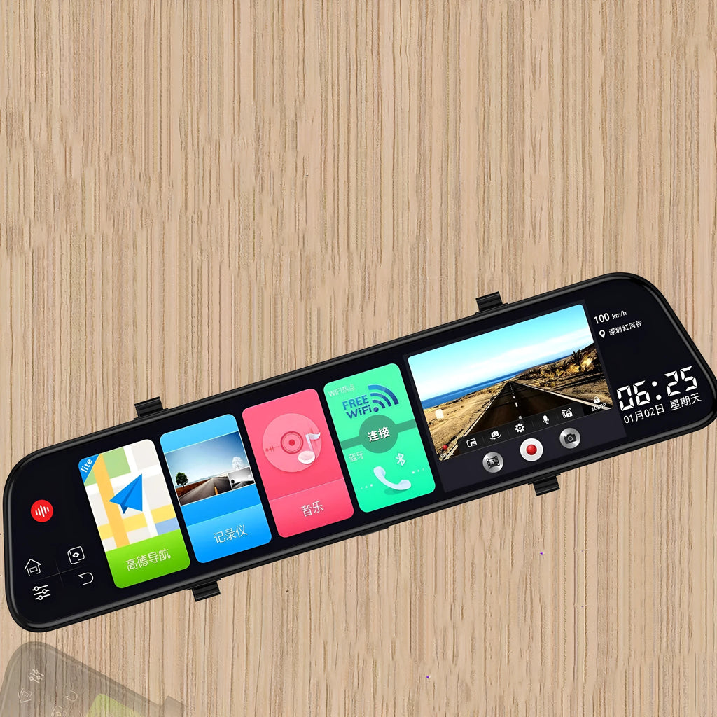 12-inch rearview mirror tachograph with touchscreen display and dual lens camera system