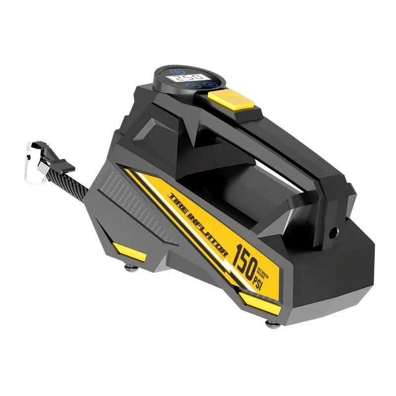 Black portable car tyre inflator with digital display and hose, shown with 12V power plug