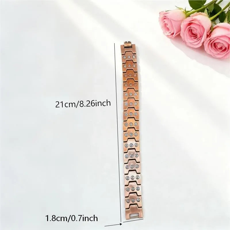 Retro bronze three-row magnetic bracelet with geometric links, zinc alloy electroplated finish and regulator