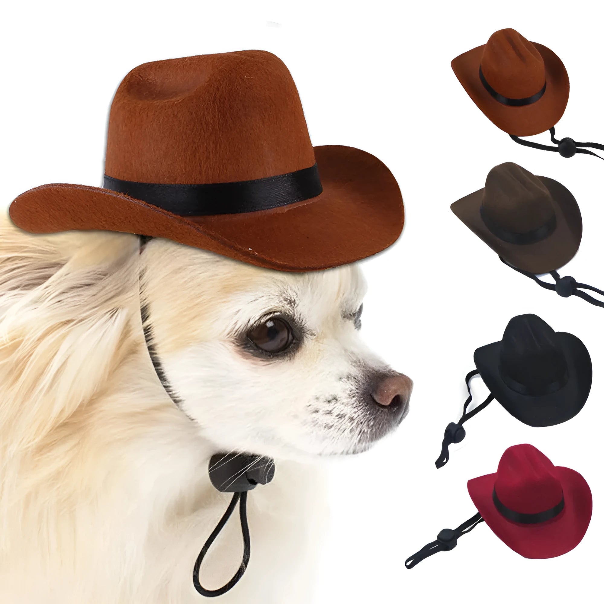 A small brown fabric cowboy hat for a dog, shown on a white background.