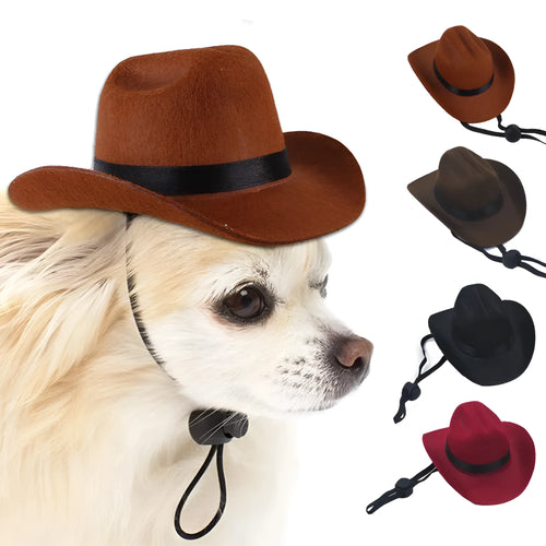 A small brown fabric cowboy hat for a dog, shown on a white background.