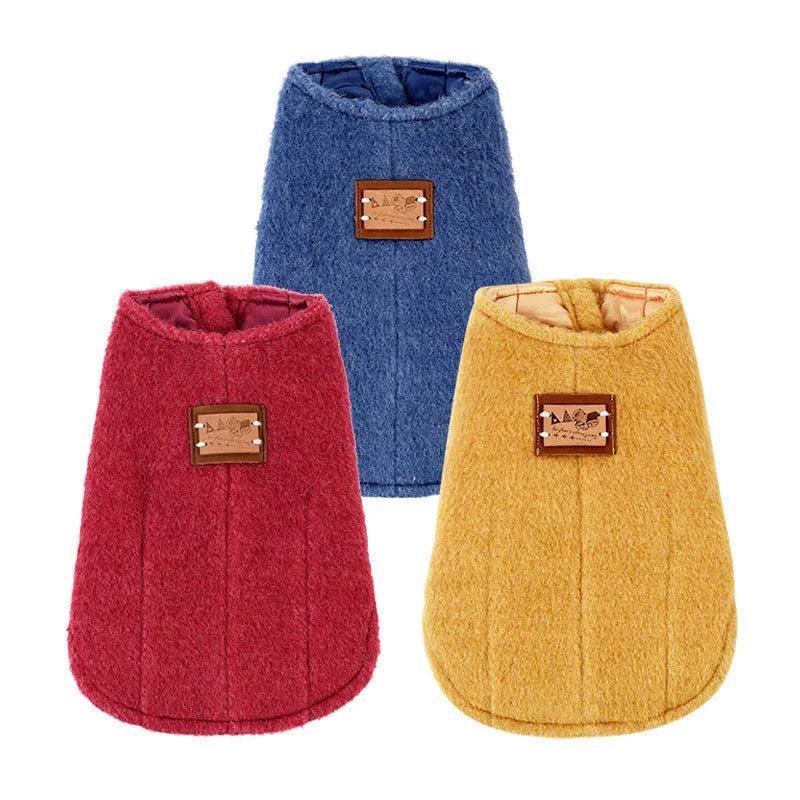 Small dog wearing a blue Korean-style cotton cashmere vest for autumn and winter pet clothing