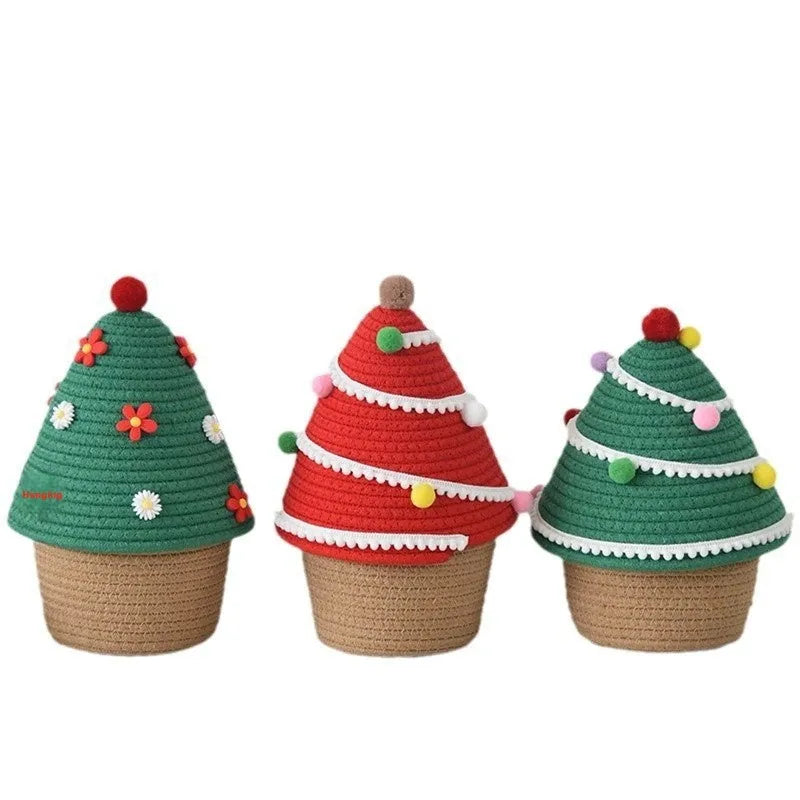 Christmas decoration storage basket in cotton thread with green Christmas tree colour