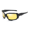 Black plastic frame polarized sunglasses with TAC lens, shown in blue, grey, orange or night vision lens options for men's outdoor riding