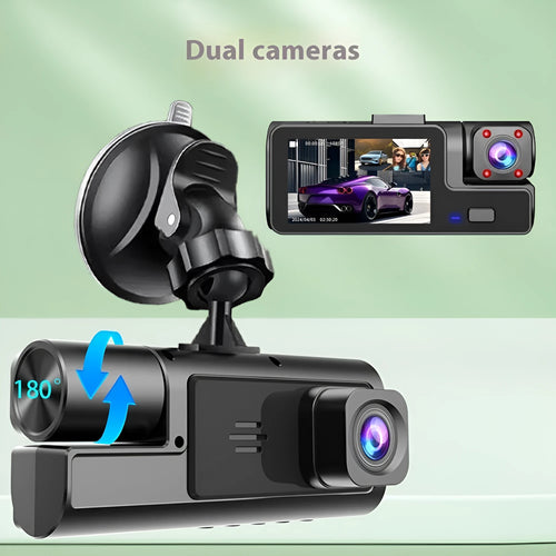Black WiFi driving recorder with 2-inch screen mounted on car windscreen, showing dual camera setup.