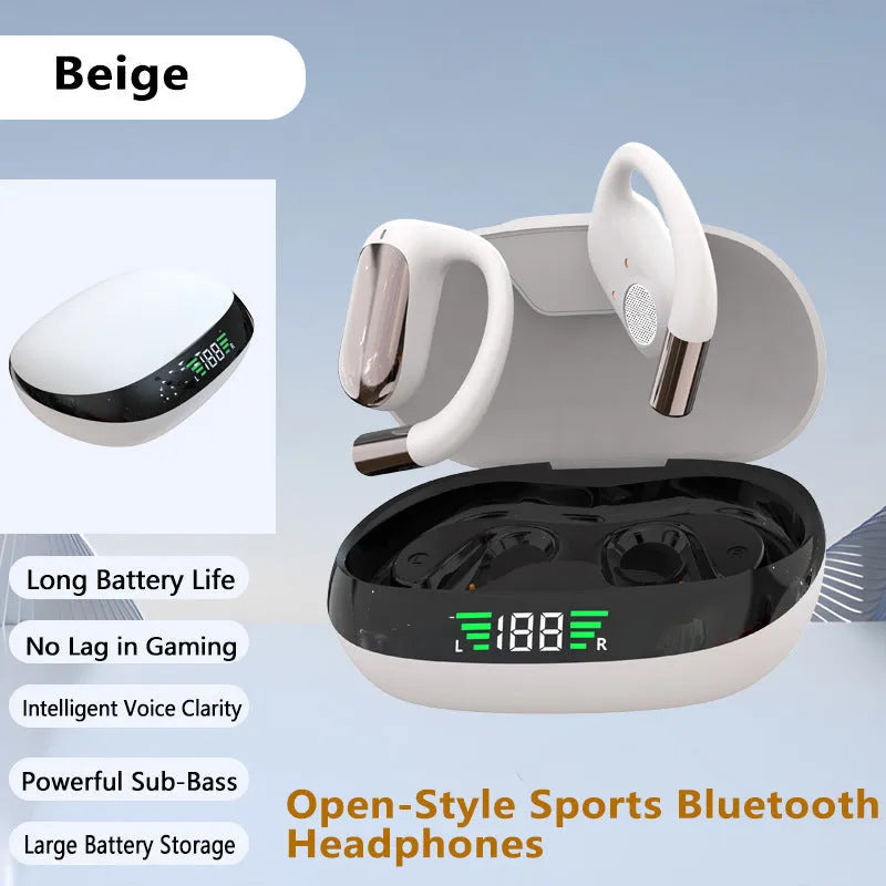 Bluetooth earphones hanging on the ear in black colour with ear hook design and digital display screen