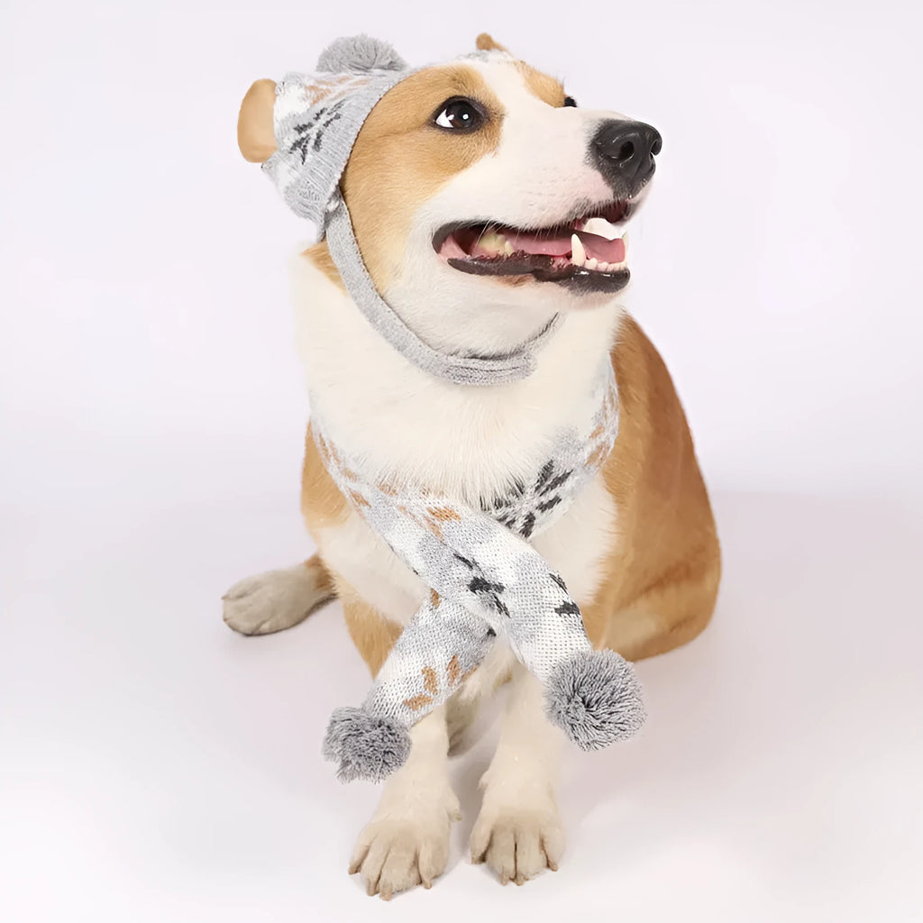 Grey and pink Japanese-style retro jacquard pet sweater and scarf hat sets for dogs or cats.