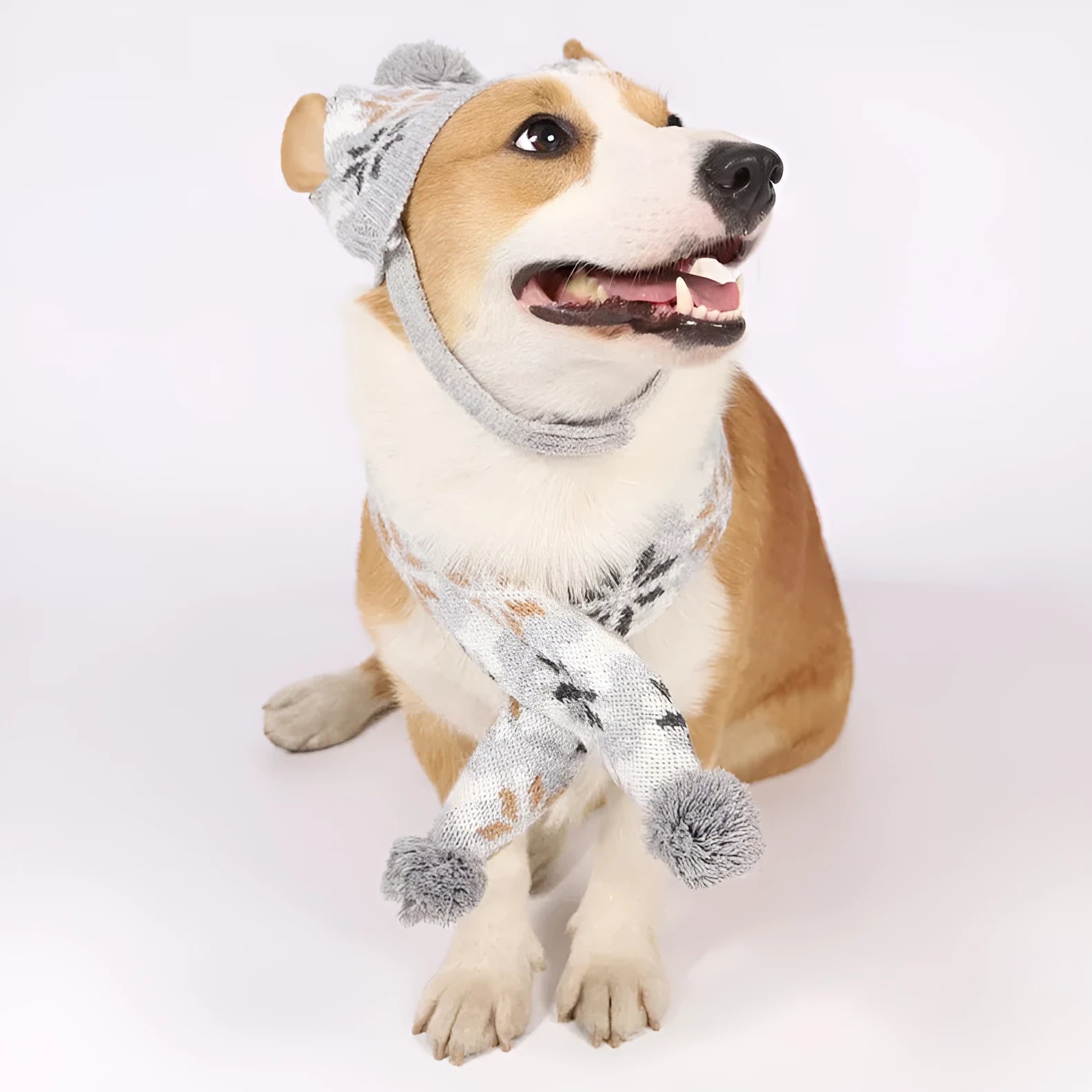 Grey and pink Japanese-style retro jacquard pet sweater and scarf hat sets for dogs or cats.