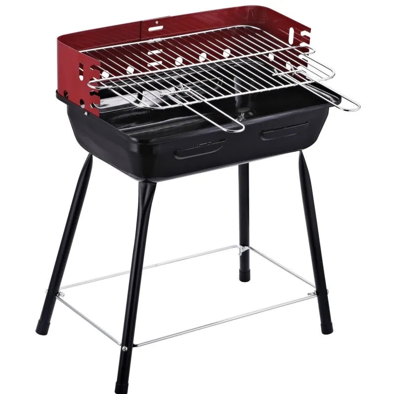 Portable metal barbecue oven with black grill rack, 29x12x44cm, for camping and outdoor use, serving 3-5 people.