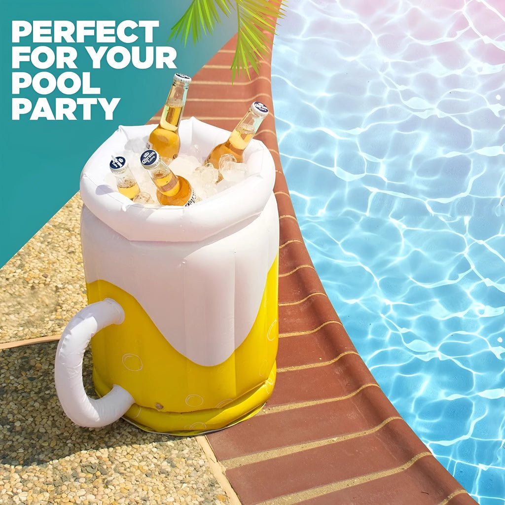 Large yellow inflatable beer mug cooler pool float with drink holders