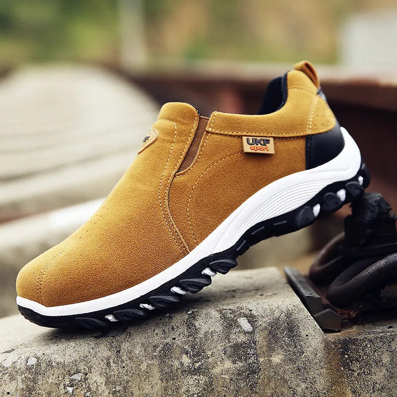 Men's black blue yellow hiking shoes with non-slip plastic sole, artificial PU upper, sizes 39-44