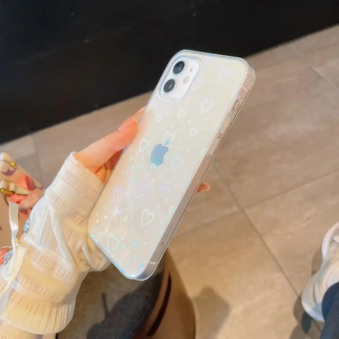 Transparent phone back cover with laser-etched colourful double love design, compatible with multiple iPhone models