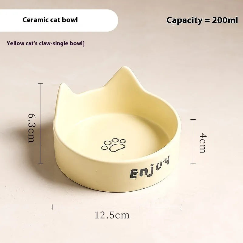 Ceramic cat bowl set with wooden anti-slip frame in cat paw design