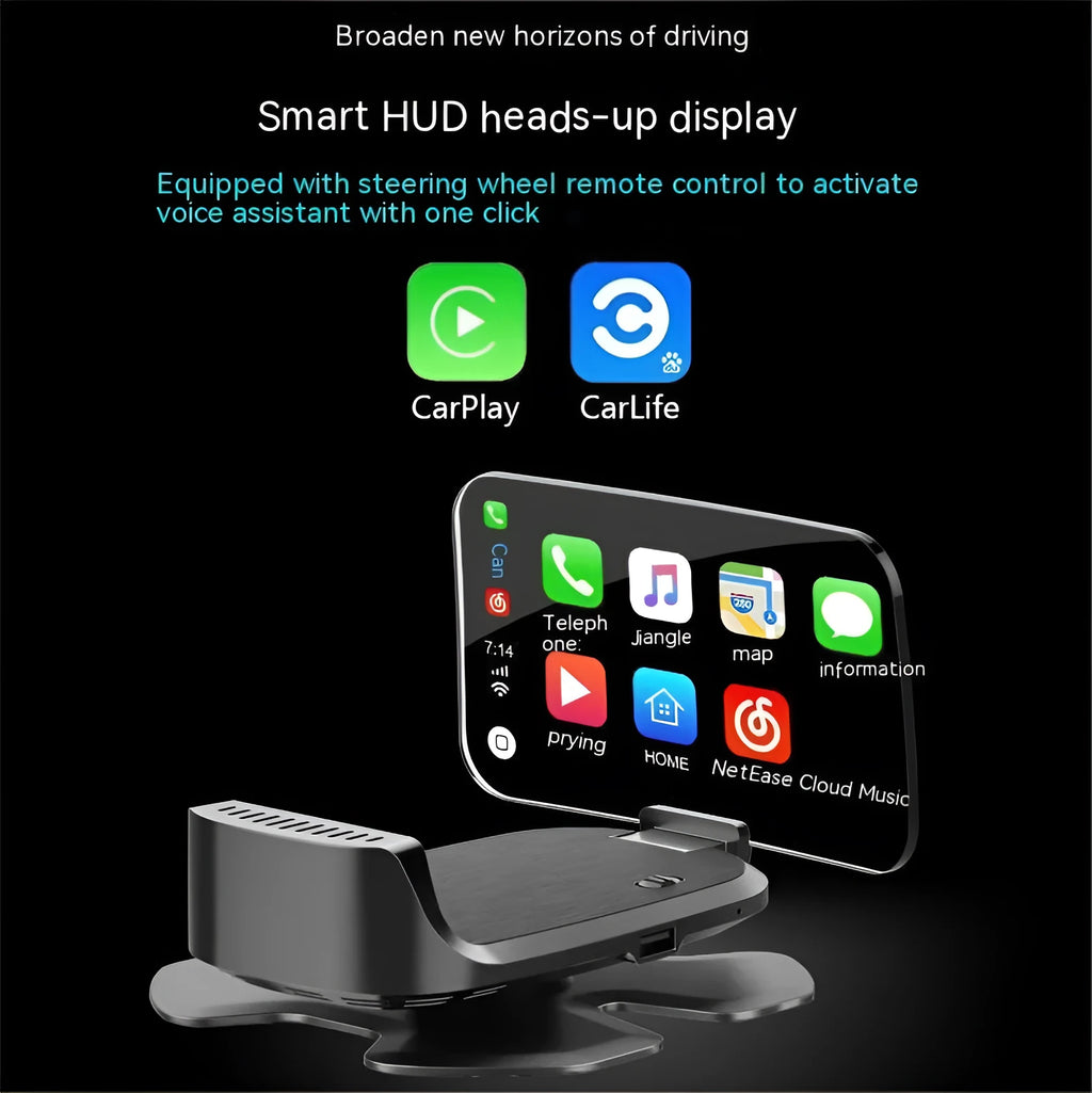 Black car HUD head-up display projector unit for OBD connection and windscreen projection.