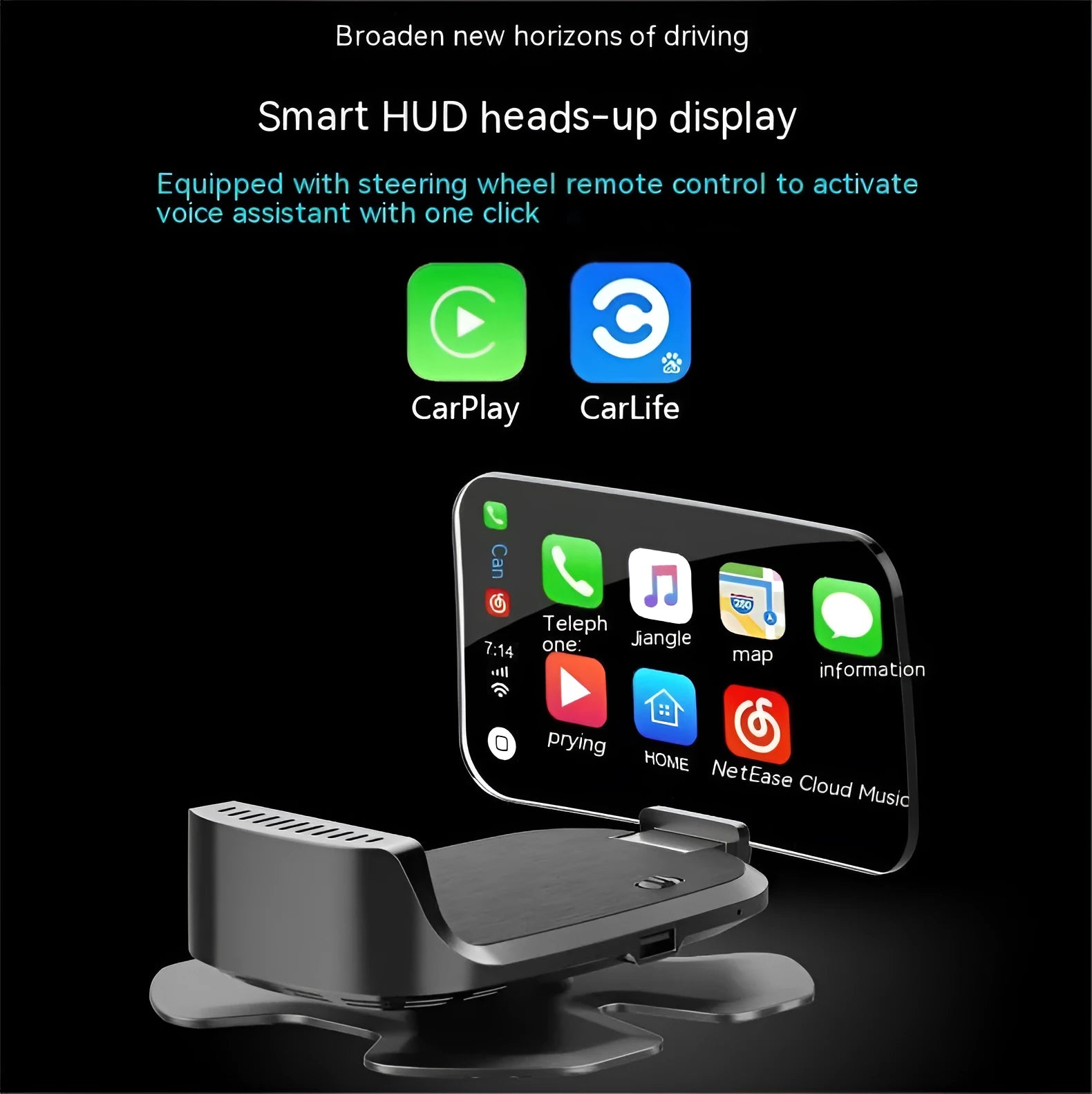 Black car HUD head-up display projector unit for OBD connection and windscreen projection.