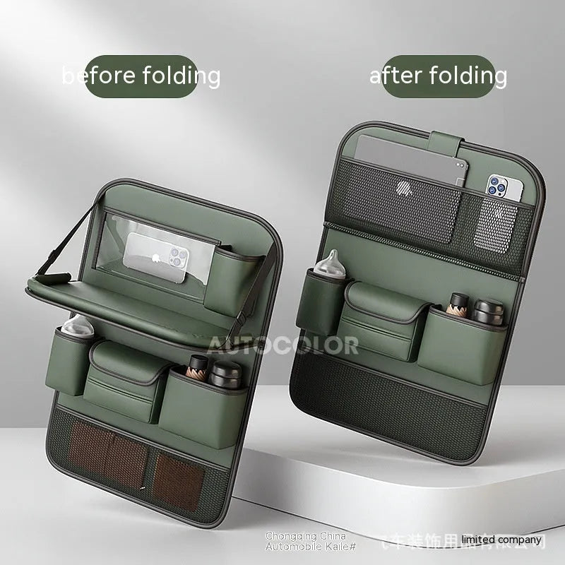 Leather car seat storage bag with foldable dining table in obsidian black colour
