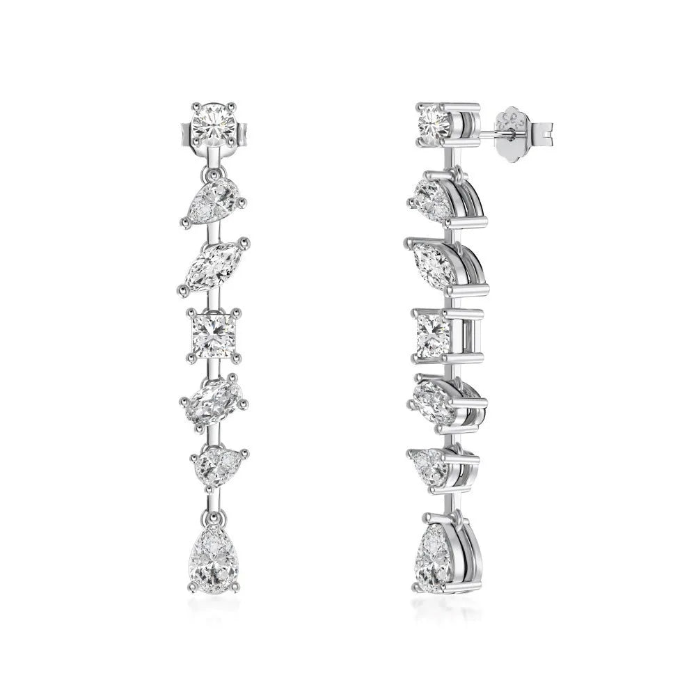 Pair of 925 silver tassel irregular asymmetry drop earrings with electroplated finish on white background