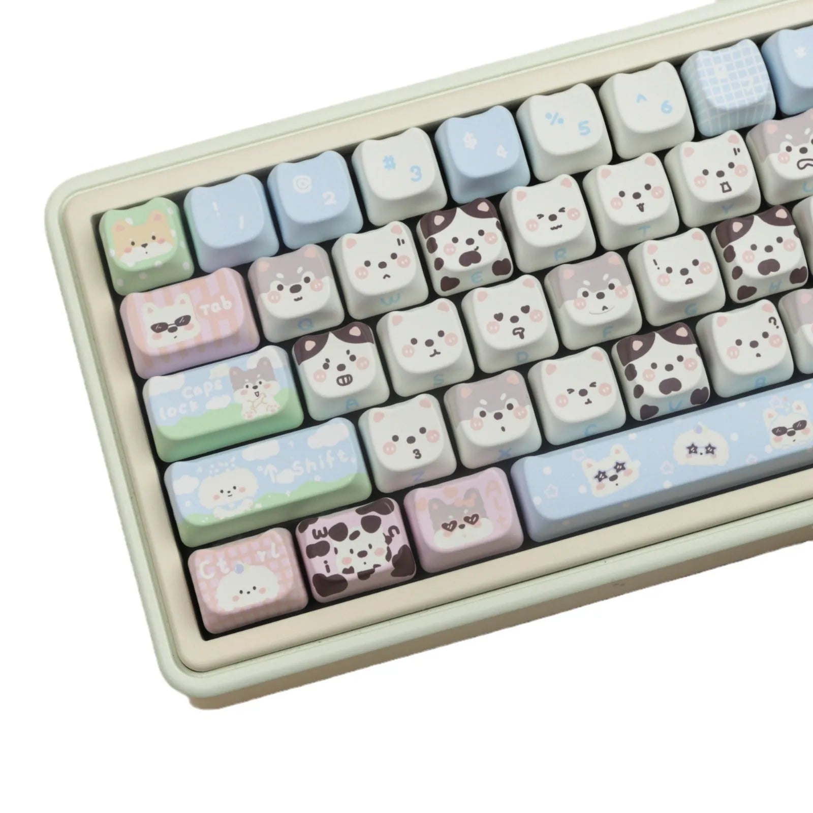 Colourful PBT key cap set for mechanical keyboards with printed cat and puppy designs.