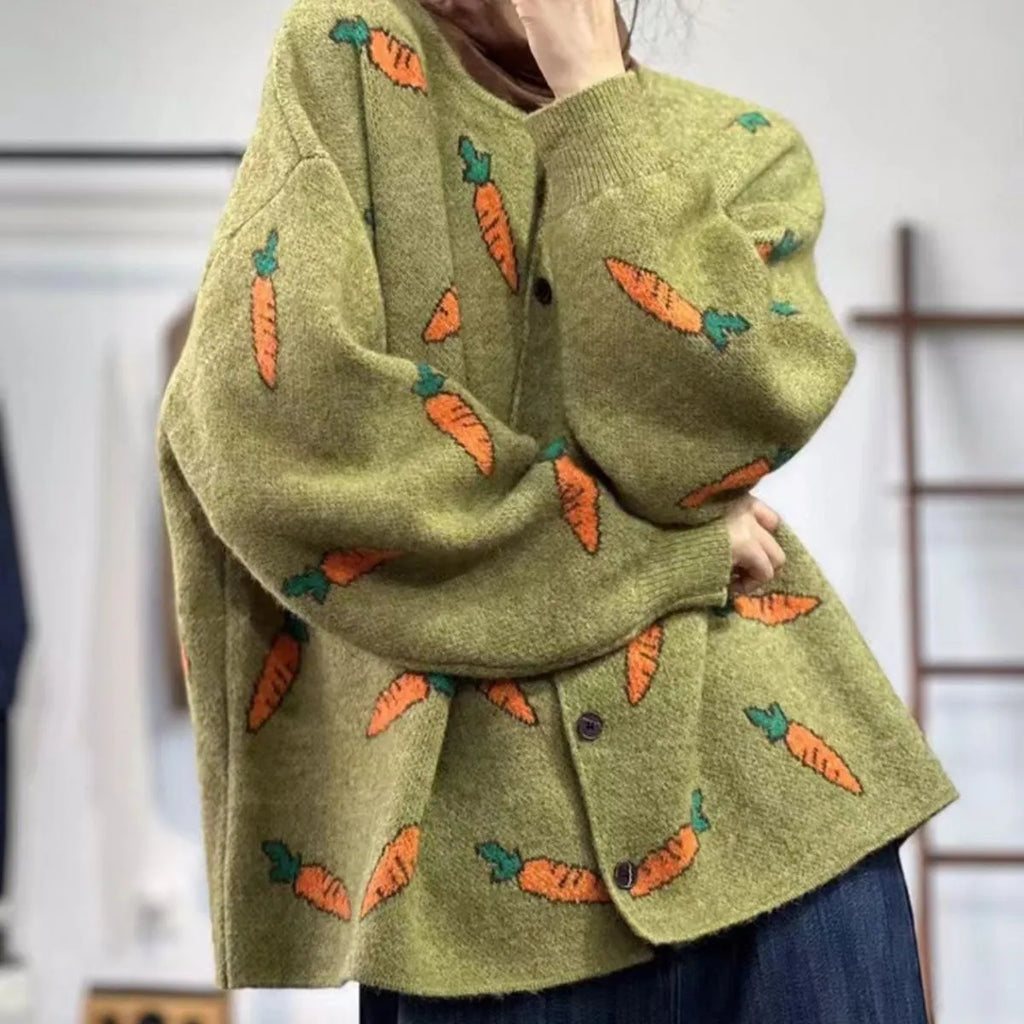 Round neck loose casual cardigan with Mori artistic printing and colour contrast on viscose fabric