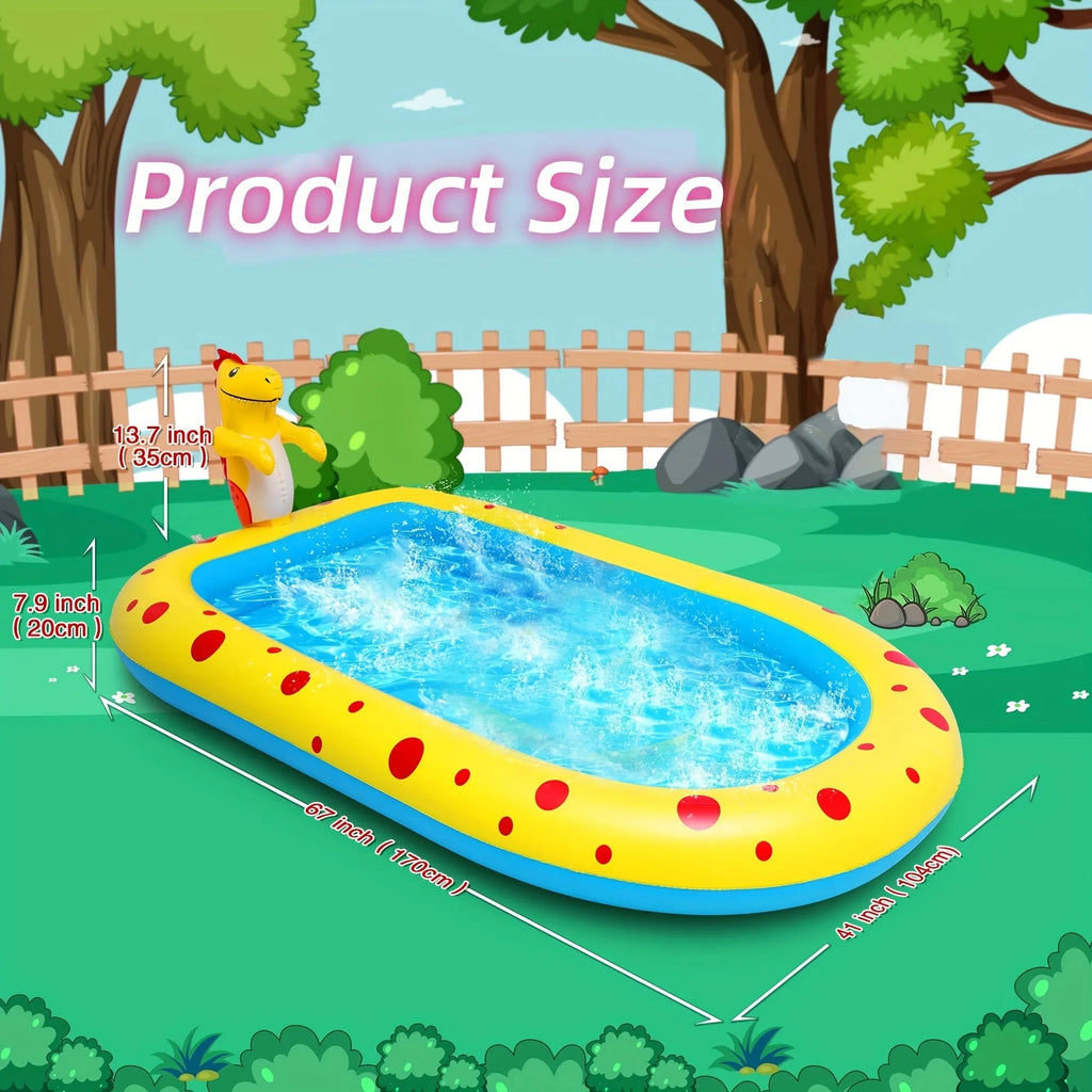 Blue inflatable dinosaur shark shaped water play pool for children in garden