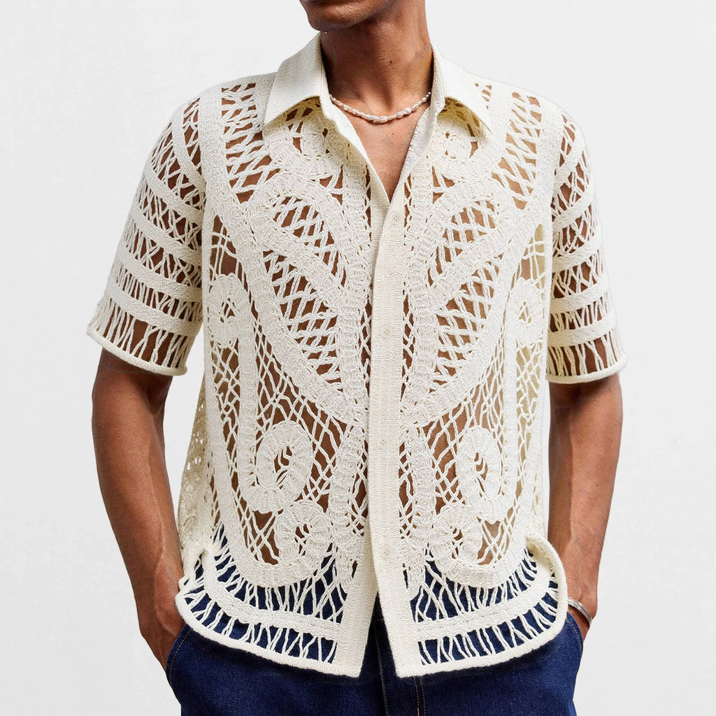 Men's hollow crochet cardigan polo shirt in apricot acrylic knit with flocking detail short sleeves regular fit