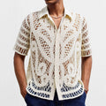 Men's hollow crochet cardigan polo shirt in apricot acrylic knit with flocking detail short sleeves regular fit