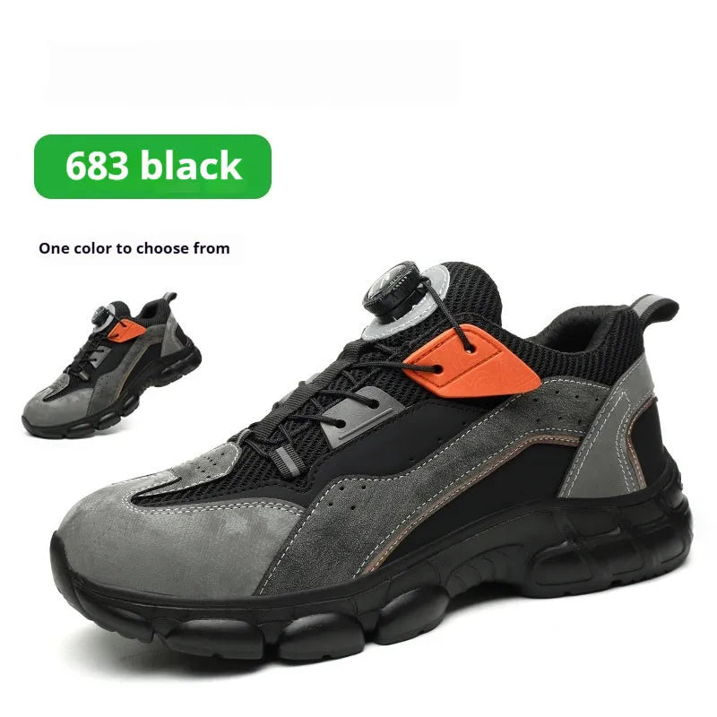 Men's black microfiber labour protection shoes with rotating button closure, sizes 37 to 48