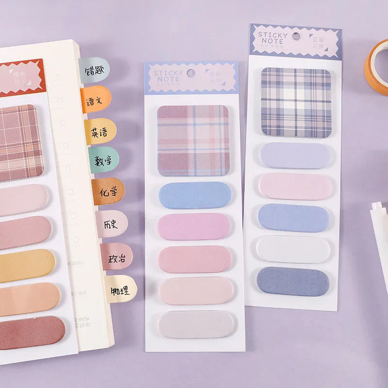 Colourful plaid design sticky notes memo pad with 120 sheets, showing 67mm by 200mm size.