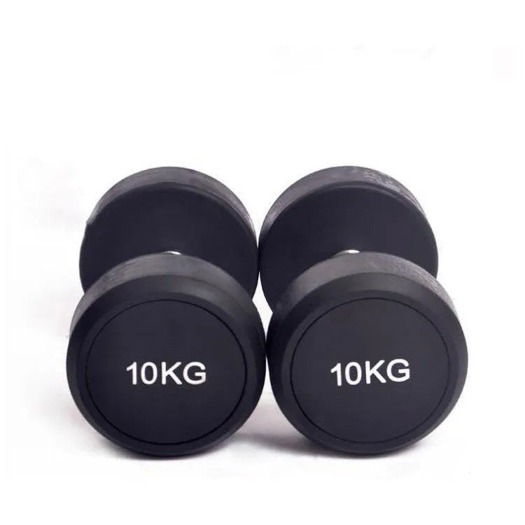 Black cast iron rubberized round head fitness dumbbell on a plain background
