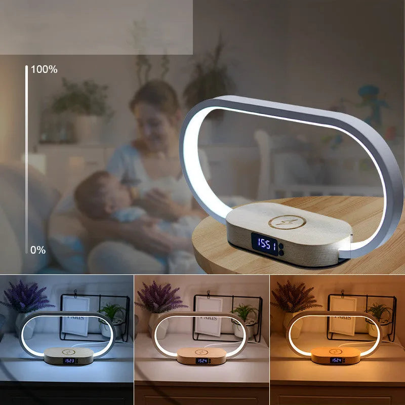 Wooden clock bedside table lamp with touch switch, USB power, wood and aluminium body, WR02 wood grain colour