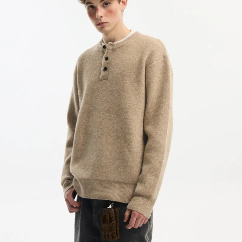 Men's polyester pullover sweater in khaki, loose fit, button closure, autumn winter warm wear.