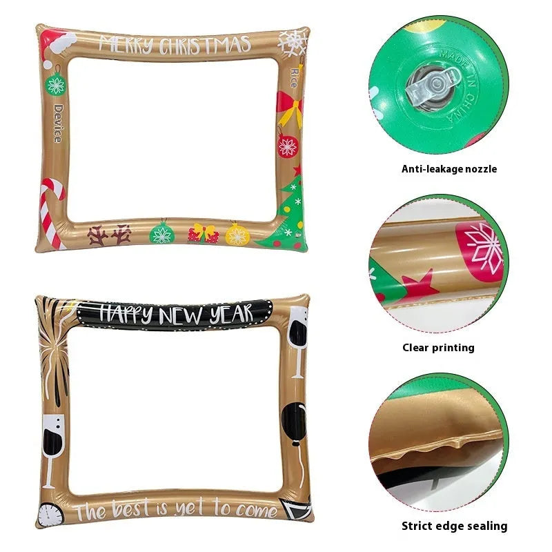 Red and green Christmas-themed inflatable photo frame held by a person.