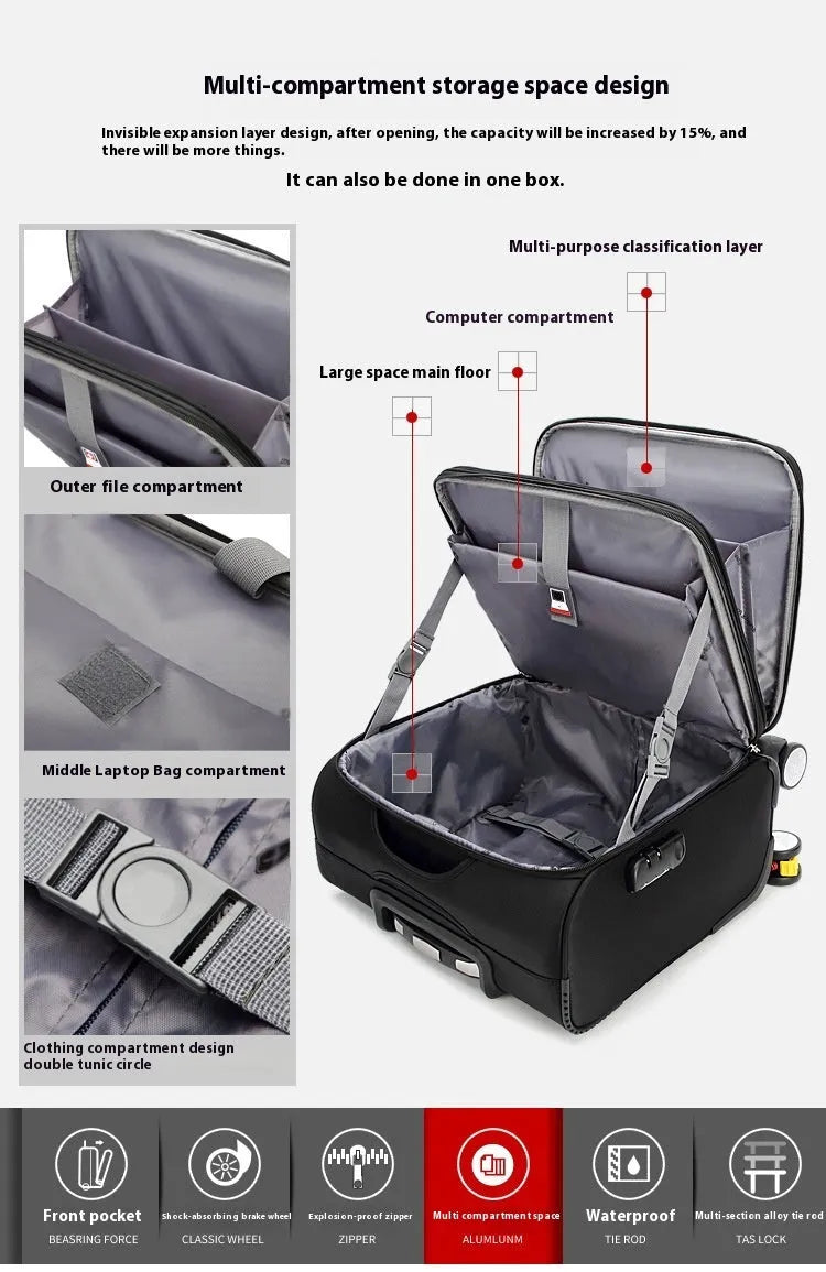 Black 18-inch Oxford cloth carry-on suitcase with retractable handle and four spinner wheels on a neutral background.