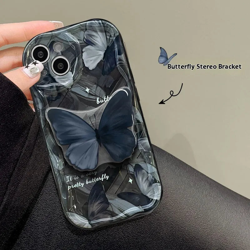 Butterfly bracket silicone drop-resistant phone case for Apple iPhone, solid black design, thermal transfer process, all-inclusive protection