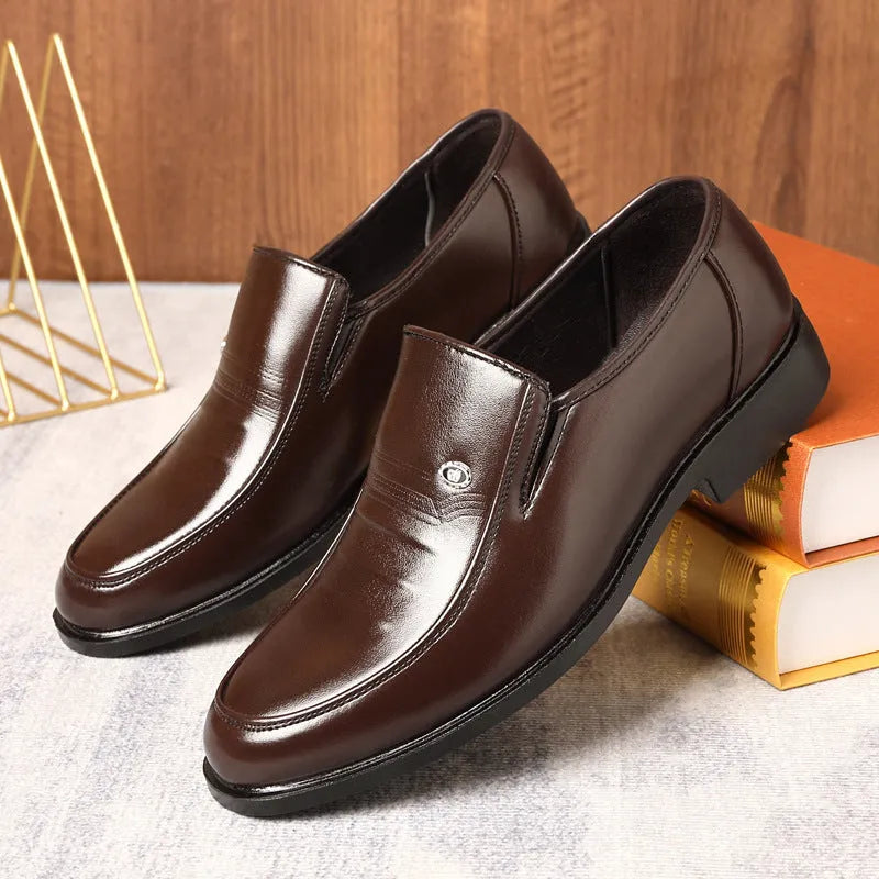 Men's black and brown plus size casual leather shoes with rubber soles showing leather toe holder detail