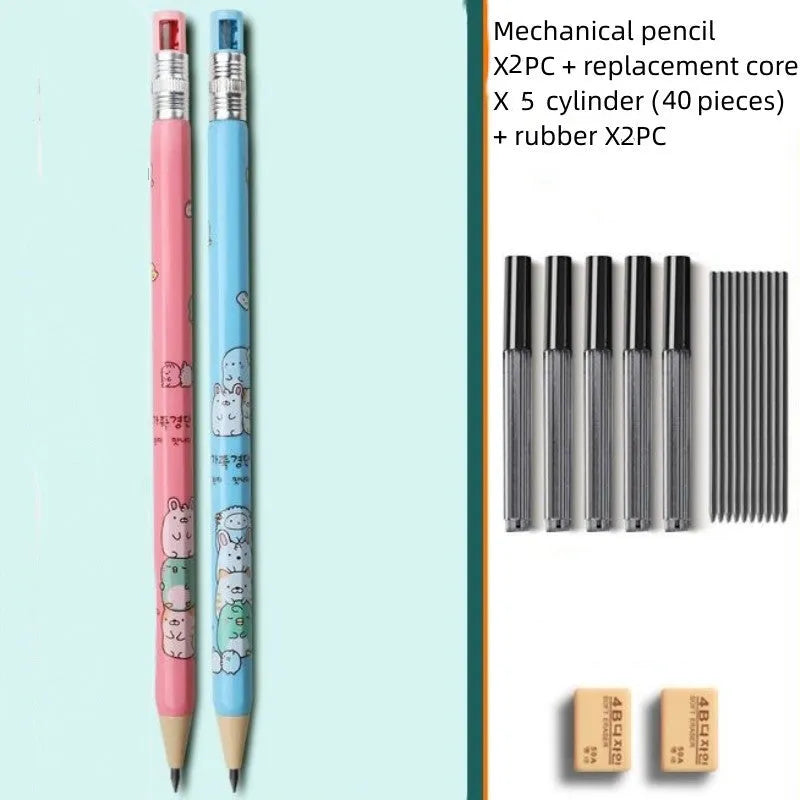 Cartoon-style plastic mechanical pencil for children with 2.0 mm thick lead, shown with spare lead cylinders.