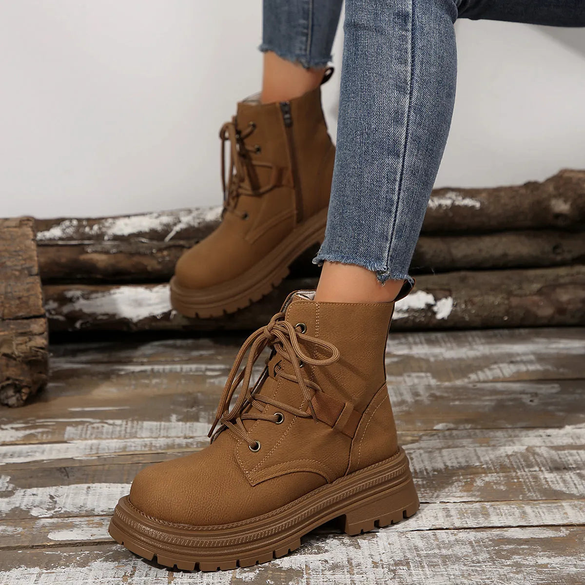 Women's square-heel lace-up ankle boots in black and brown with microfiber upper and rubber sole